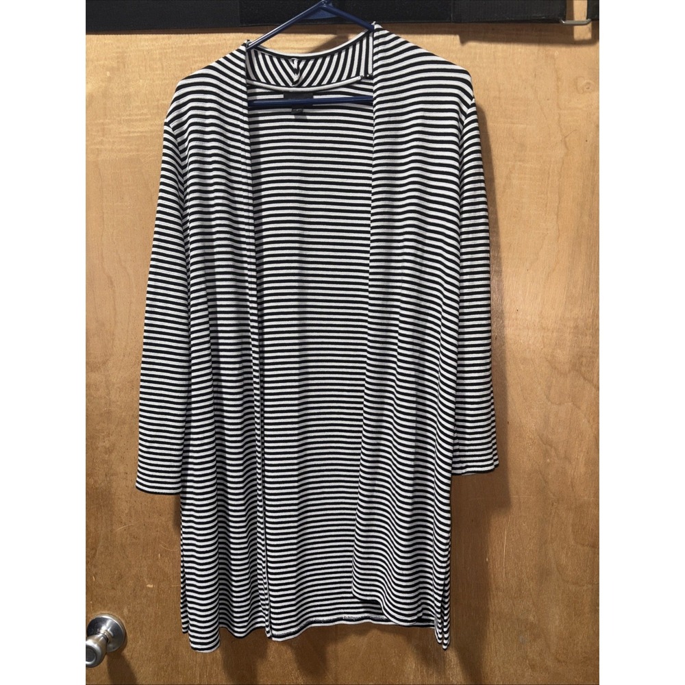 JJill Women's 3/4 Sleeve Open Front Long Cardigan Size‎ M Black Striped RN 97641